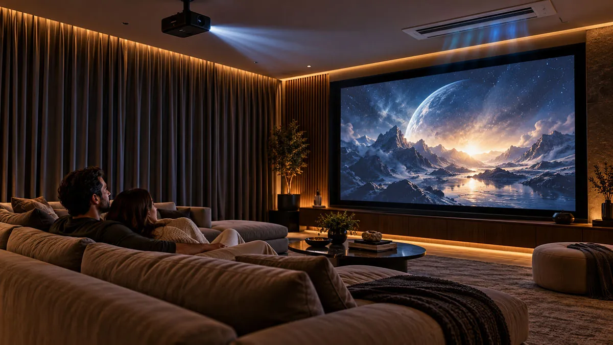 A couple watching a movie in the home theater, with dim lights and the curtains closed