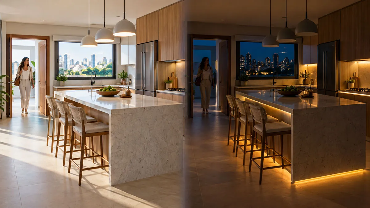 The same kitchen by day, with the main light on, and at night, lit only by the LED strips