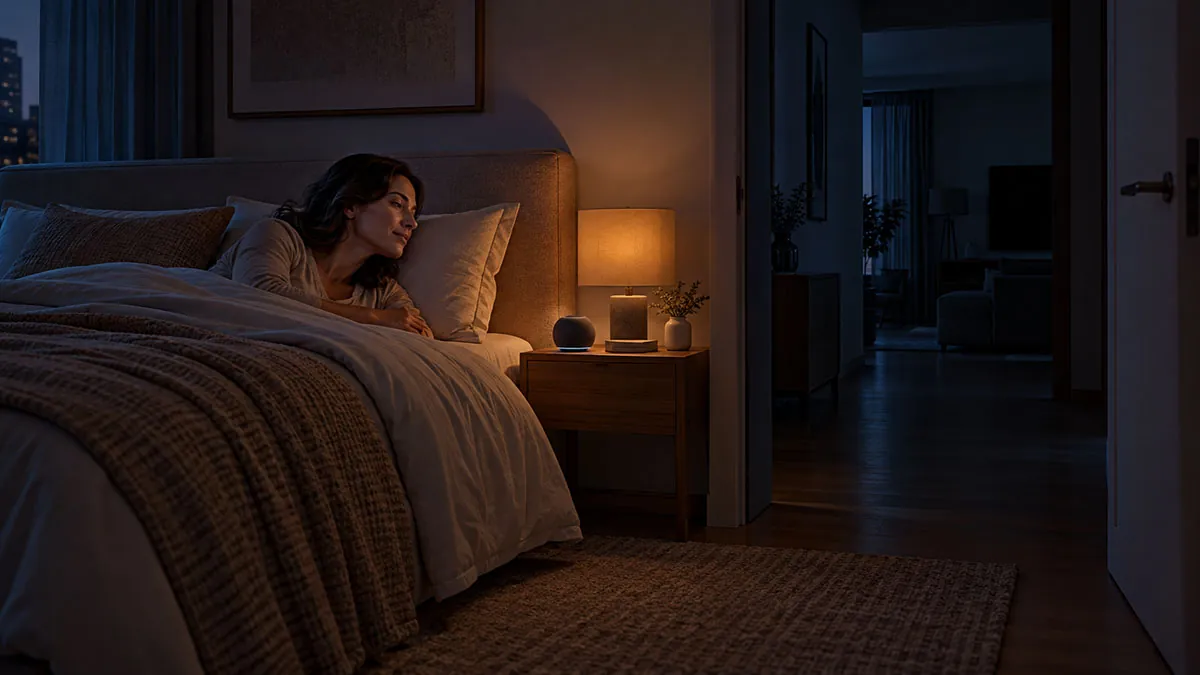 A woman lying in bed at night, with the bedside lamp on and the rest of the house dark