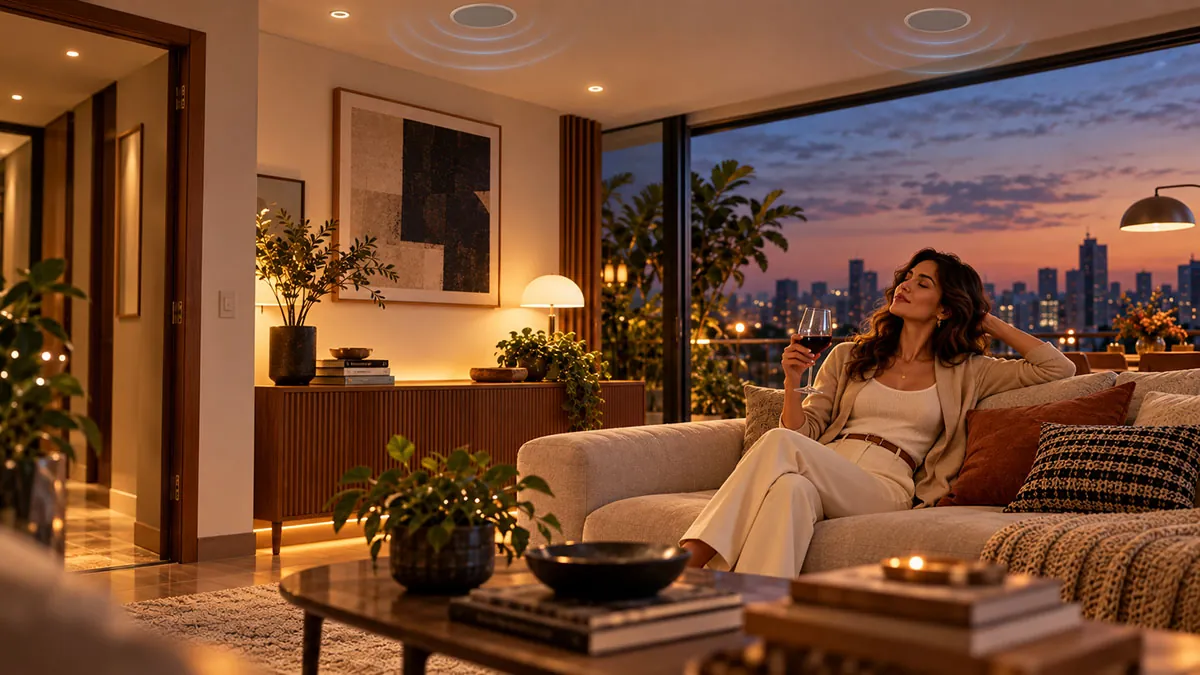 A woman listening to music on the sofa, with speakers built into the ceiling