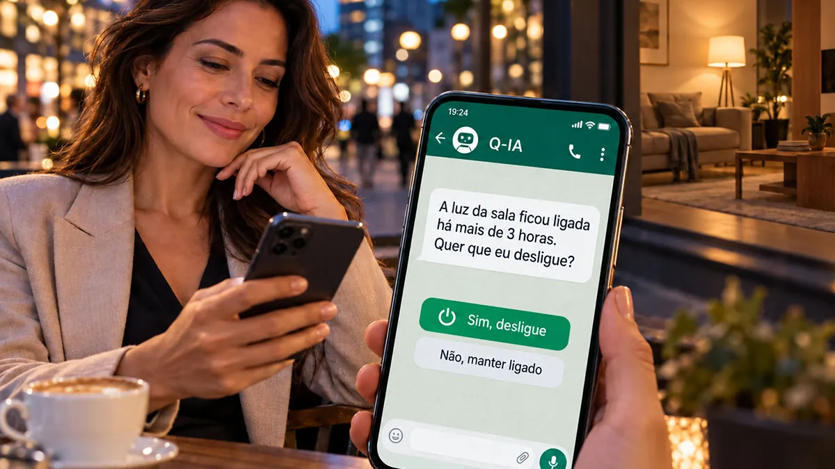 A woman at a café reading the Q-IA alert on WhatsApp about the living room light left on