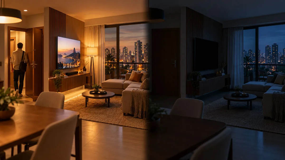 The living room with the lights and TV on and, beside it, the same room dark after the owner left