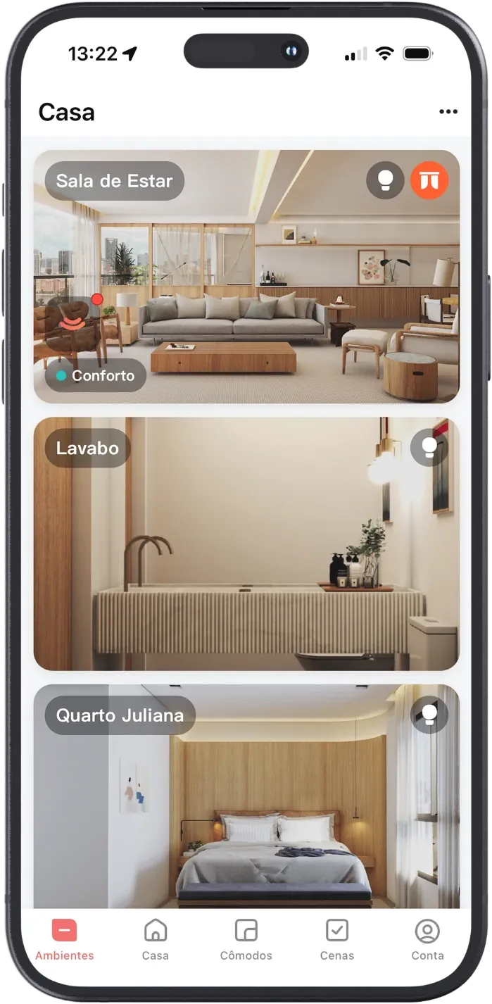 The QA App on a phone, showing the rooms of the home as photos and the TV remote